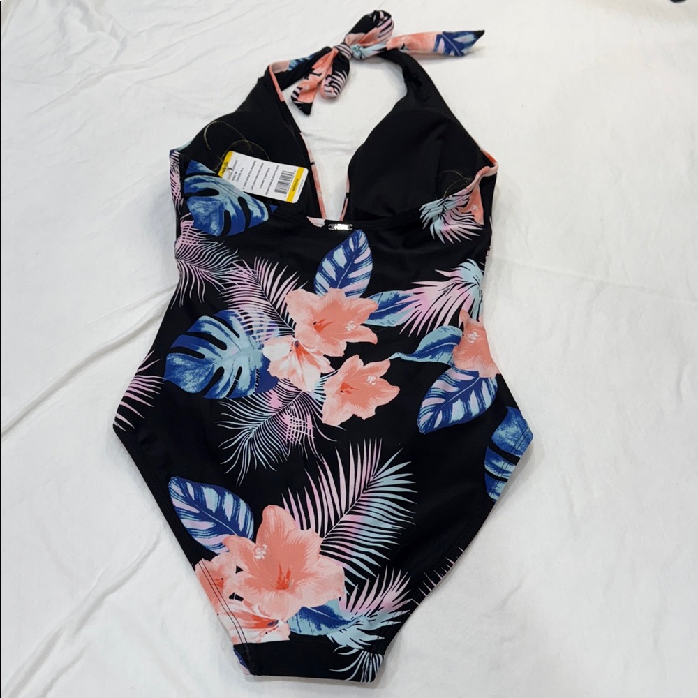 DKNY Ladies Swimsuit Halter Shirred Tropical floral Print a one Piece Size M NWT - Picture 2 of 12